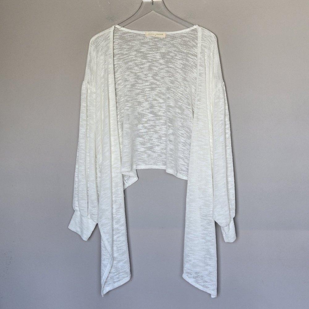Stitch + Feather Tie Front Cardigan Balloon Sleeves Gauzy Layering Boho Sweater
